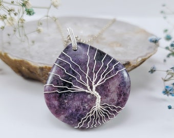 Collana lepidolite, gioielli anti ansia, ciondolo albero della vita, pietra Chakra del terzo occhio, regalo di compleanno per sorella, regalo di anniversario per moglie