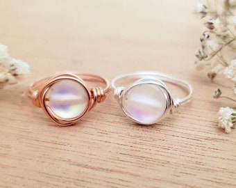 Moonstone Glass Ring, Wire Wrapped Ring, Mermaid ring, Flower girl gift, Christmas Gift, stocking stuffers, gift for mom, for her,