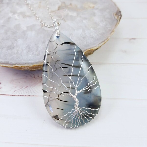 Tree Of Life Necklace, Handmade Jewelry, Silver Wire Wrapped Pendant, Healing Crystal Necklace, Dragon Vein Agate, Birthday Gift For Her