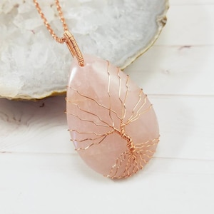 Rose Quartz Necklace, Tree Of Life Pendant, Wire Wrapped Jewelry, rose quartz jewelry, mothers day gift, wife gift, daughter gift, mom gift