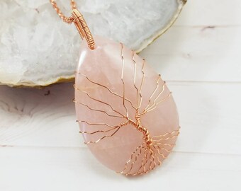 Rose Quartz Necklace, Tree Of Life Pendant, Wire Wrapped Jewelry, rose quartz jewelry, mothers day gift, wife gift, daughter gift, mom gift