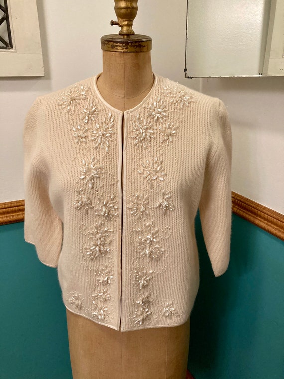 Stunning 1950s 1960s Beaded Cardigan Ivory Sweater