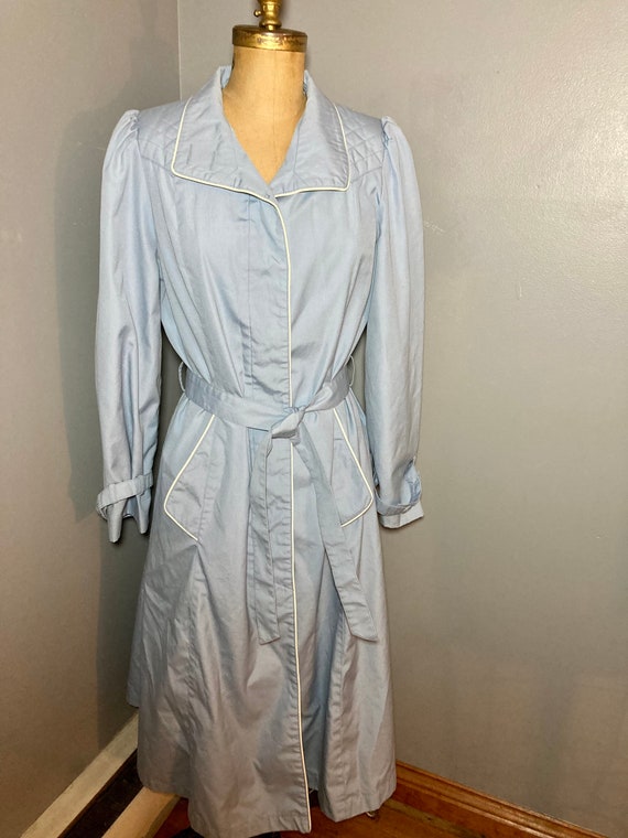 Vintage 1980s Powder Blue Puff Sleeve Fall Trench… - image 1