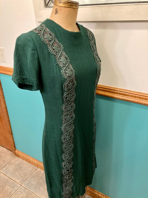 Vintage Dark Green Linen Blend Shift Dress - image 2