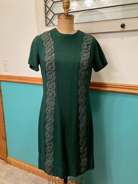 Vintage Dark Green Linen Blend Shift Dress - image 1