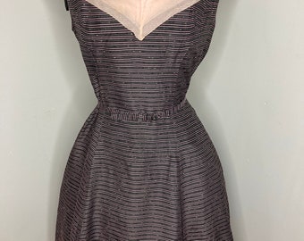 Vintage 1950s Black and Pink V Neck Cocktail Party Dress