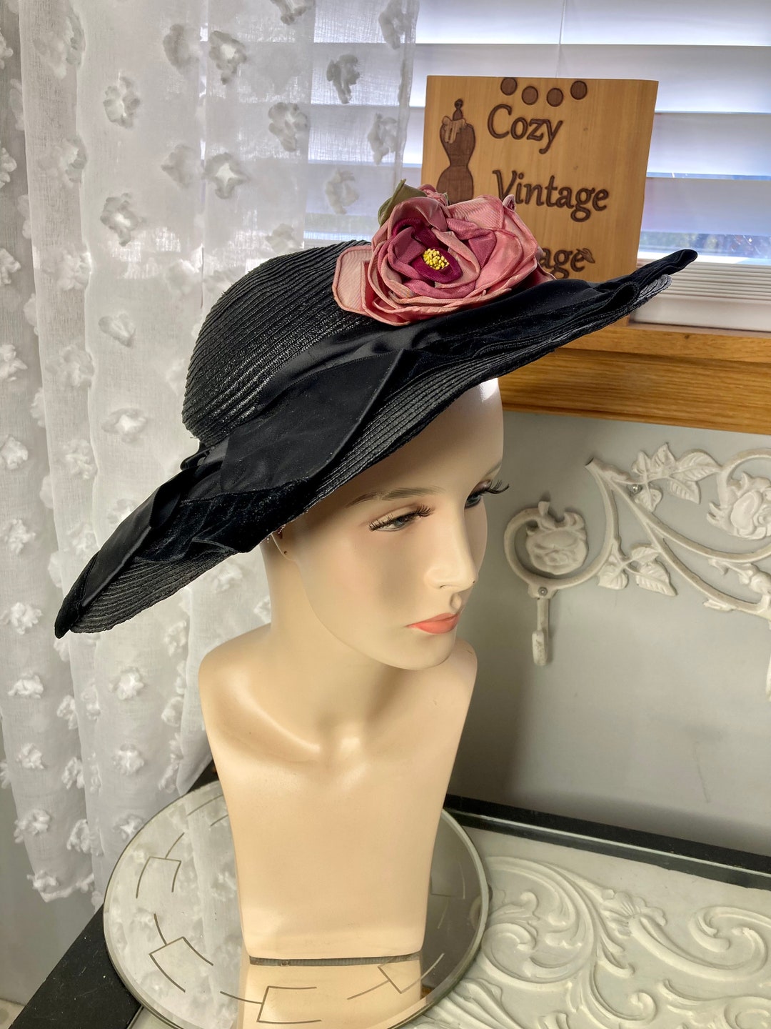 Beautiful Vintage Black Hat With Pink Roses - Etsy