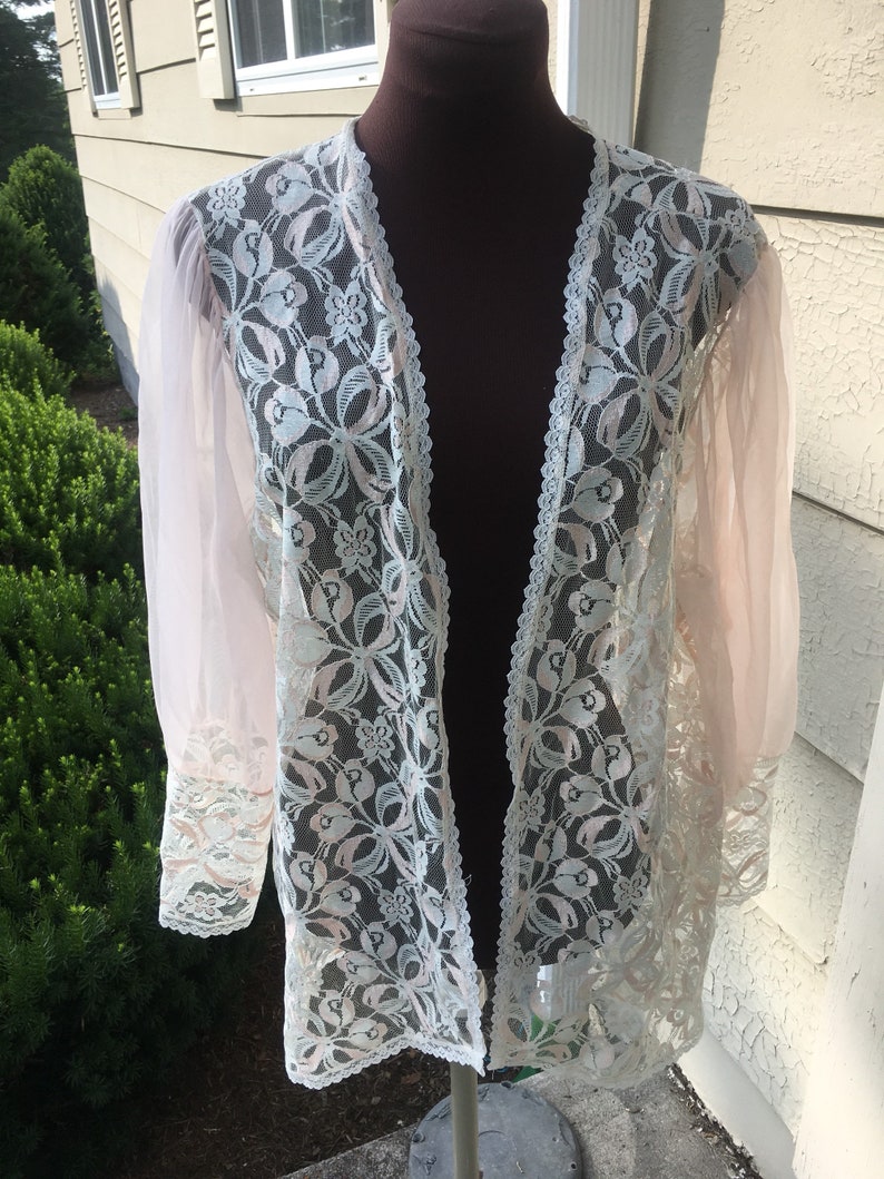 Vintage 1980s Sheer Pink Short Duster Robe Bed Jacket