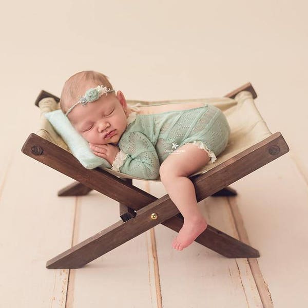 Wood Rustic Miniature Hammock, Folding Deck Chair, Newborn Photography Prop - Ready to Ship