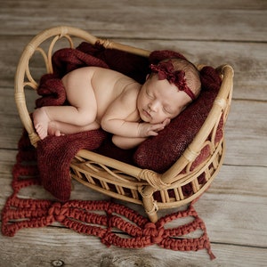 Rustic Rattan Bed - Model 1, Newborn Photography Prop, Wooden Bowl - Ready to Ship