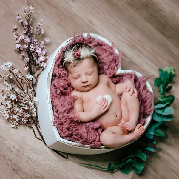 Vintage Heart Bowl - White, Newborn Photography Prop, Wooden Bowl - Ready to Ship