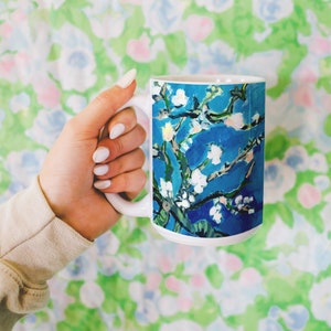 Mug en céramique fleurs d&#39;amandier : oeuvre d&#39;art Van Gogh, tasse à thé florale (15 oz)