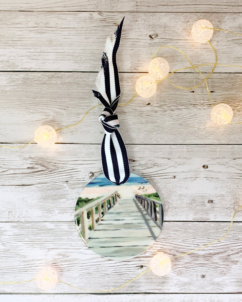 Beach Boardwalk Christmas Ornament on Porcelain, Coastal Christmas Decor, Beach Ornament, Beach Christmas, beach holiday decoration image 2