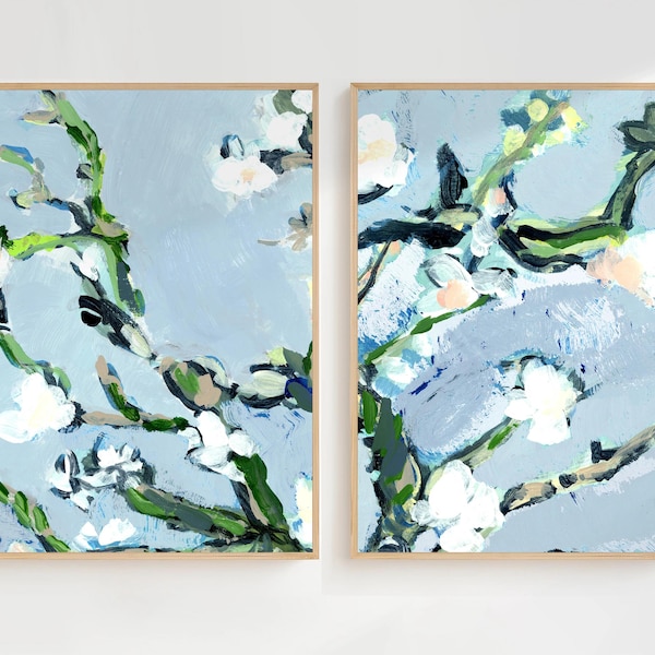 Nineveh Art Prints Set: Abstract Botanical Diptych, Modern Blue Wall Art