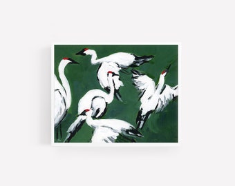 Sandhill Crane Grouping on Jade Green, Crane Painting, Bird Art, Modern Crane Decor, Green and White Painting, Modern Farmhouse Wall Art