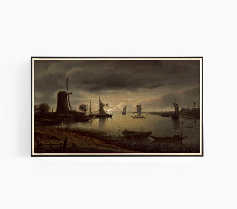 Samsung Frame TV Art, River Scene with Windmill, Classic Painting, Samsung Art TV, Seascape Painting, Digital Download for Samsung Frame image 1