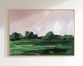 Impressão de paisagem de céu rosa: arte moderna em campo verde