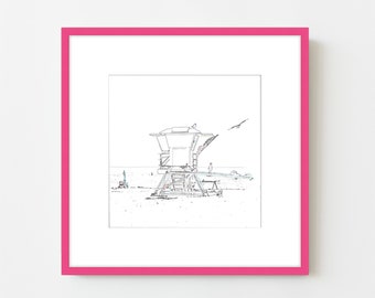 Lifeguard Chair on the beach, pink frame with oversized mat, Cape Cod, coastal art print, framed coastal art