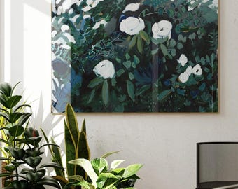 Abstract Floral Art Print: Black, White, Green, and Blue