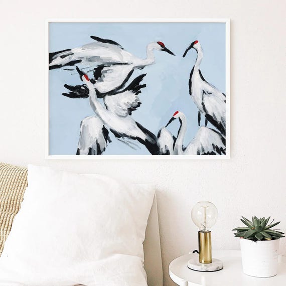 Sandhill Crane Painting: Modern Bird Art Print, Light Blue Decor