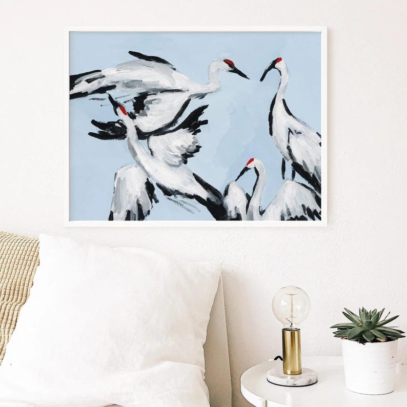 Sandhill Crane Painting: Modern Bird Art Print, Light Blue Decor image 1