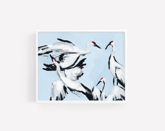 Sandhill Crane Grouping on Light Blue, Crane Painting, Bird Art Print, Modern Crane Decor, Blue and White Painting, Modern Wall Art