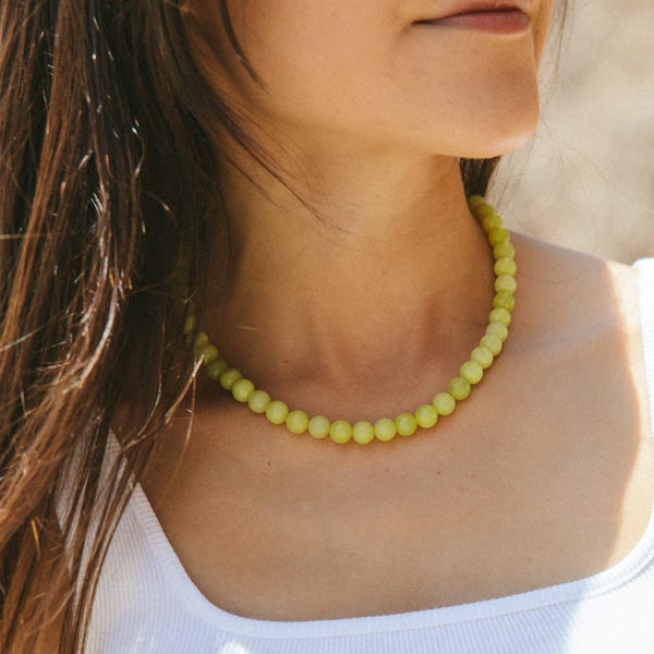 Lemon Drop - Lemon Lime Jade Bead Necklace, Gemstone Choker Necklace, Beaded Summer Choker