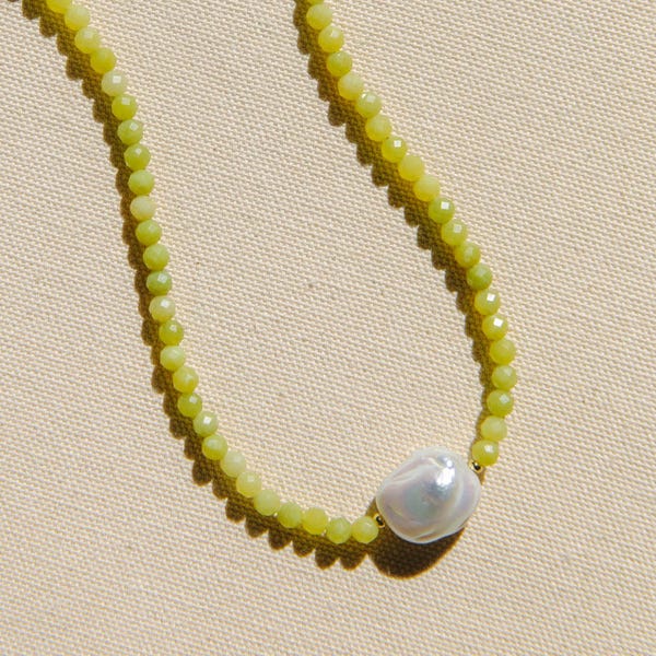 Sunlit Pearl - Lemon Jade Beaded Necklace with Baroque Pearl, Gemstone and Pearl Summer Jewelry