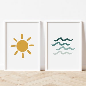 Sun and Waves Nursery Printable Wall Art, Neutral Sun Prints, Ocean Nursery Prints, Boho Surf Wall Decor, Kids Room Decor, Set of 2 Prints