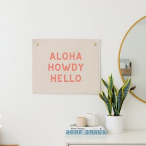 Aloha Howdy Hello Wall Flag, Coastal Cowgirl Wall Decor, Cowboy Typography Art, Western Wall Flag, Western Fabric Banner