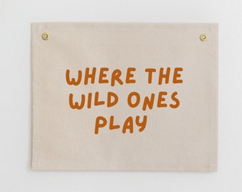 Where the Wild Ones Play Canvas Banner, Playroom Wall Sign, Playroom Wall Art, Jungle Themed Wall Decor, Safari Animals Nursery Decor