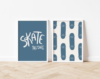 Skateboard Nursery Prints, Skate Nursery Decor, Skate All Day Print, Skateboard Prints, Neutral Boy Nursery Print Set, Boy Playroom Art