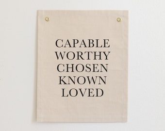 Capable Worthy Chosen Christian Banner, Christian Affirmations Sign for Kids, Bible Verse Canvas Banner, Christian Scripture Wall Flag