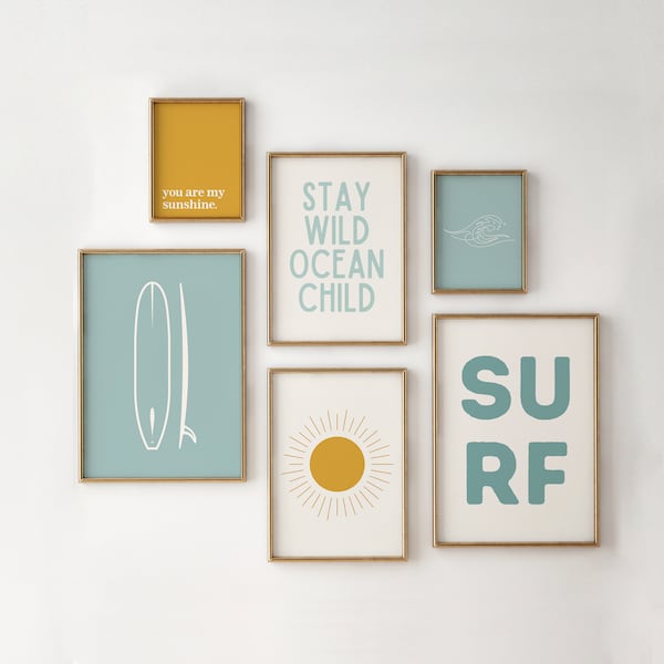 Boho Surf Gallery Wall Art, Conjunto de 6 impresiones, Decoración de guardería de surf, Impresiones de surf para guardería de niños, Decoración de habitación de niño surfista, Decoración de playa boho