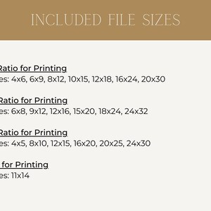 Pode incluir: Uma lista de diferentes tamanhos de arquivo inclu&iacute;dos em um download digital. Os tamanhos s&atilde;o listados em polegadas para impress&atilde;o em propor&ccedil;&otilde;es de 2x3, 3x4, 4x5 e 11x14.