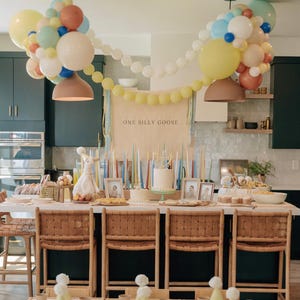 May include: A birthday party table setting with a white cake, a banner that reads "One Silly Goose", and a balloon arch in pastel colors. The table is decorated with candles, a stuffed bunny, and framed photos.