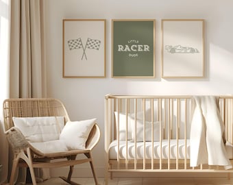 Little Racer Dude Gallery Set of 3 Prints , Car Nursery Wall Art, Race Car Nursery Decor, Neutral Boy Nursery Print Set, Boy Room Wall Decor