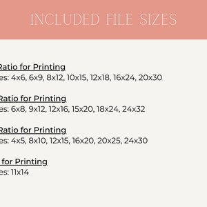 May include: A digital print file size guide with the text "INCLUDED FILE SIZES" at the top. The guide lists print ratios and sizes in inches, including 4x6, 6x9, 8x12, 10x15, 12x18, 16x24, 20x30, 6x8, 9x12, 12x16, 15x20, 18x24, 24x32, 4x5, 8x10, 12x15, 16x20, 20x25, 24x30, and 11x14.