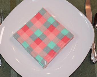 Coral and Aqua Plaid Cloth Napkins, Flannel Napkins, Cloth Serviettes, Reusable Napkins, Eco Friendly Napkins