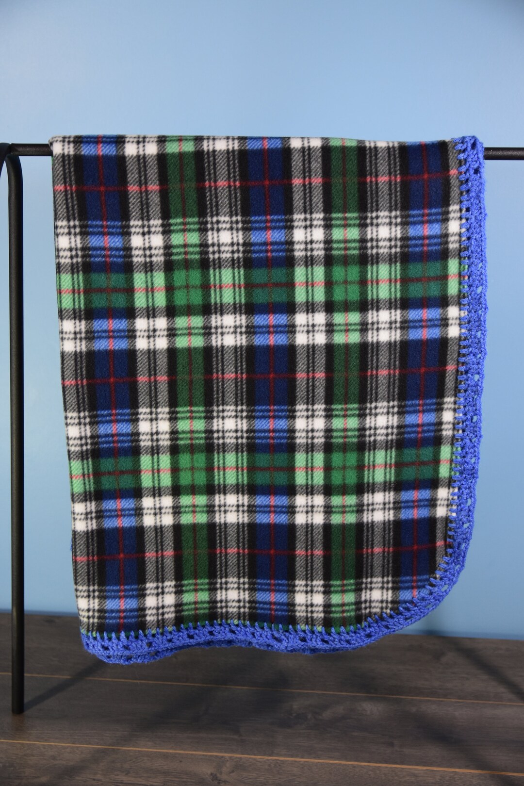 Blue and Green Plaid Fleece Blanket With Crocheted Edge Etsy