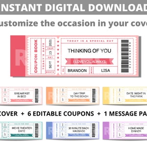 Customizable ticket coupon book editable printable template.DIY digital file gift for all occasions/holidays. For families, couples, friends