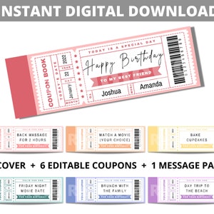 Birthday ticket coupon book editable / customizable printable template. DIY digital file gift for couples, girlfriend, boyfriend, friend