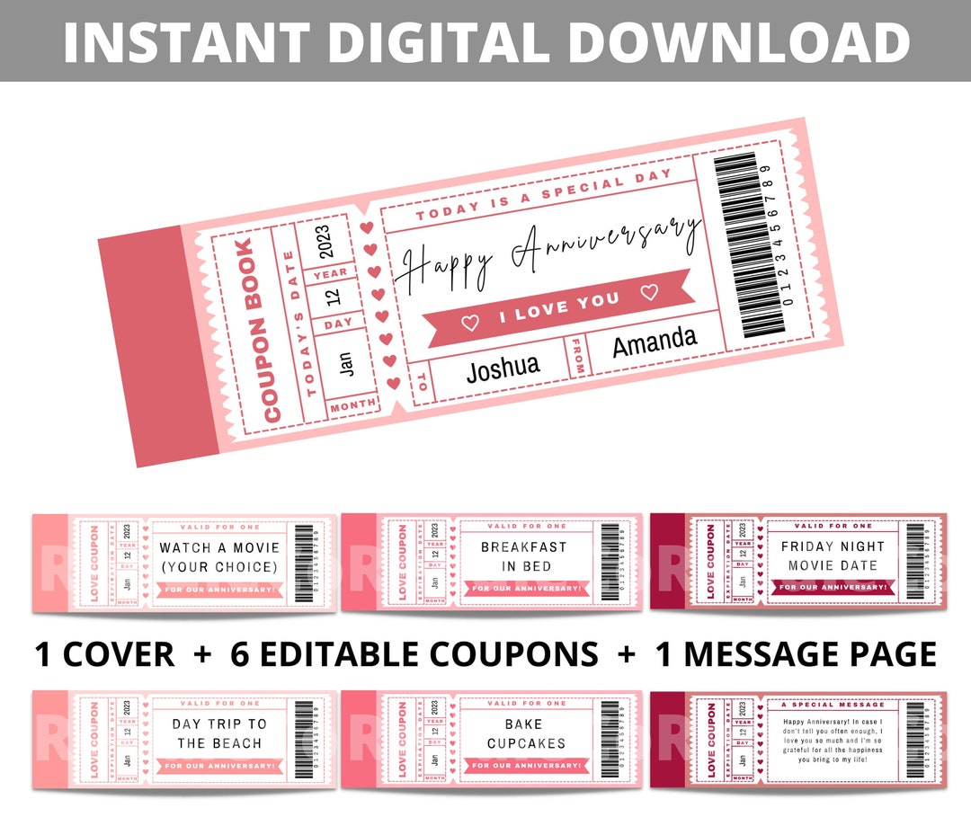 Anniversary Ticket Coupon Book Editable / Customizable Printable ...