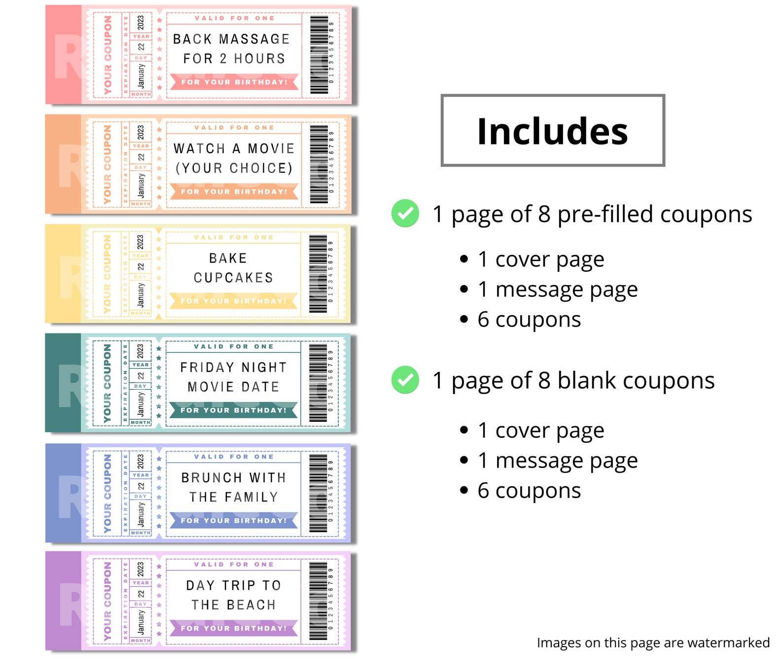 Birthday Ticket Coupon Book Editable / Customizable Printable Template