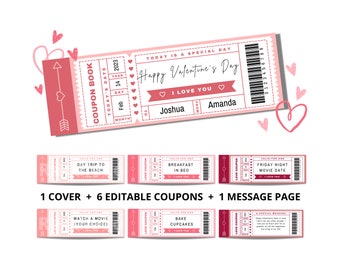 Happy Valentine's Day ticket coupon book editable / customizable printable template DIY digital file gift for couples, girlfriend, boyfriend