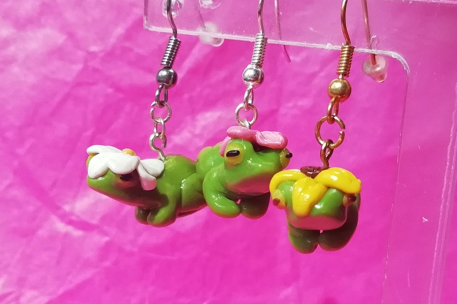 Frog with Flower Earrings hand sculpted charm dangle | Etsy