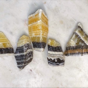 May include: Five pieces of banded calcite, with yellow, white, and black stripes. The calcite is rough and unpolished.