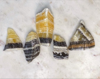 Zebra Calcite Natural Cut Lightly Polished - Yellow, Black & White Striations