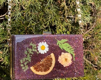 Statement Clutch mit echten getrockneten Blumen / Clutch / gepresste Blume / einzigartiges Zubehör / Florale Clutch / Partytasche / abstrakte Kunst