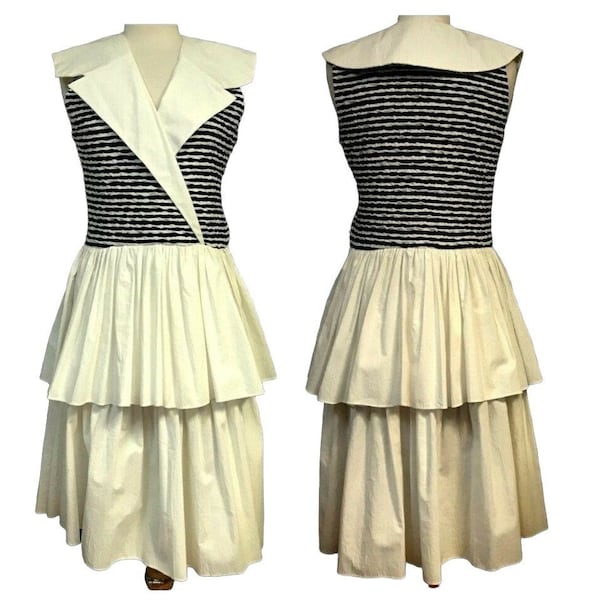 Periwinkle Vtg Black & White Tiered Skirt Dress Large Collar Puckered Top Sz 12